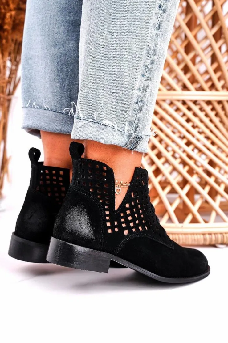 Online Boto Damskie Ażurowe Botki Zamszowe Czarne Susannah
