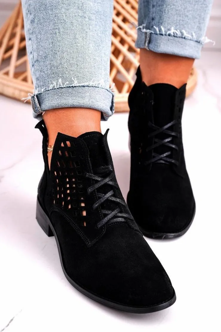Online Boto Damskie Ażurowe Botki Zamszowe Czarne Susannah