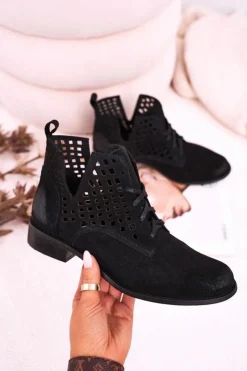 Online Boto Damskie Ażurowe Botki Zamszowe Czarne Susannah