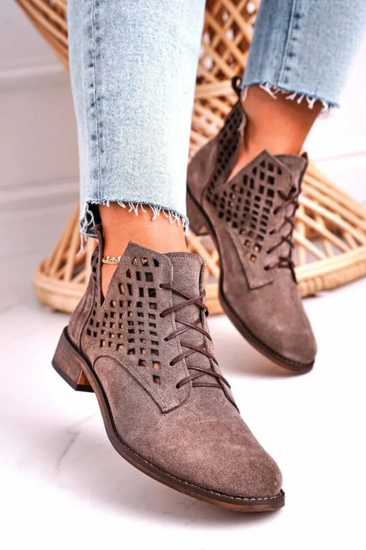 Boto Botki Wiosenne|Botki Sznurowane*Damskie Ażurowe Botki Zamszowe Brązowe Susannah