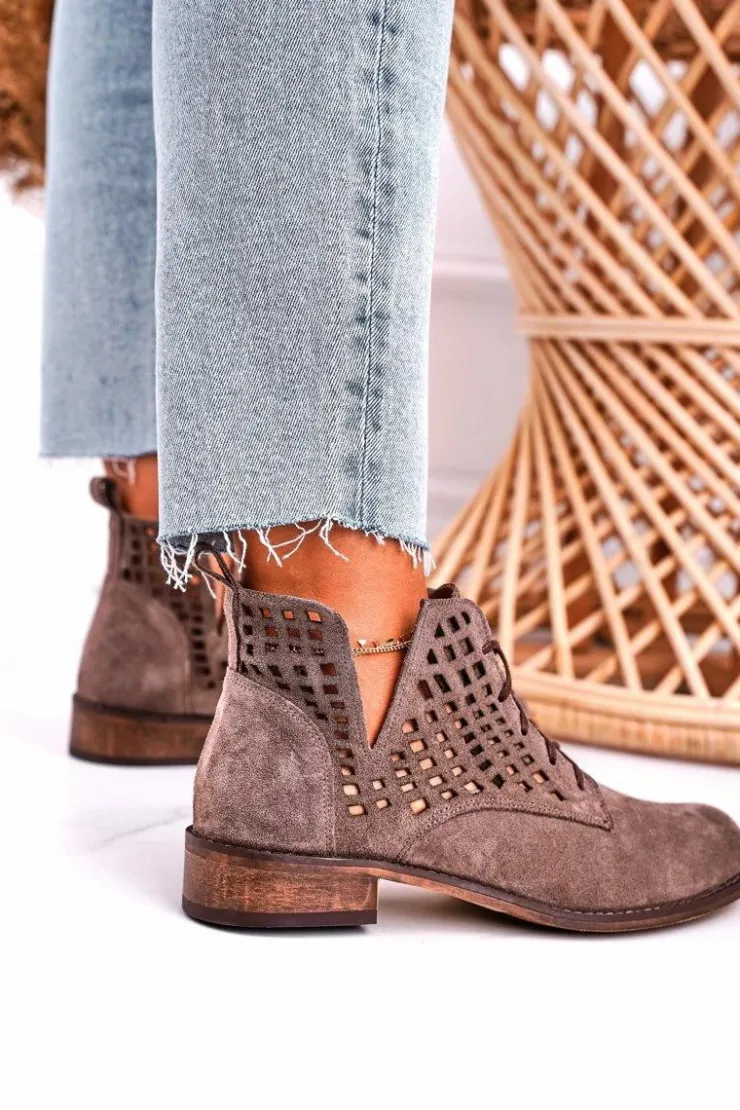 Boto Botki Wiosenne|Botki Sznurowane*Damskie Ażurowe Botki Zamszowe Brązowe Susannah