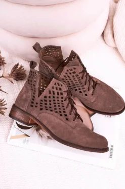 Boto Botki Wiosenne|Botki Sznurowane*Damskie Ażurowe Botki Zamszowe Brązowe Susannah