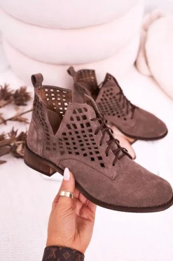 Boto Botki Wiosenne|Botki Sznurowane*Damskie Ażurowe Botki Zamszowe Brązowe Susannah