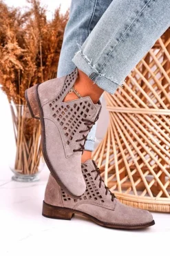 Damskie Boto Damskie Ażurowe Botki Zamszowe Cappuccino Susannah