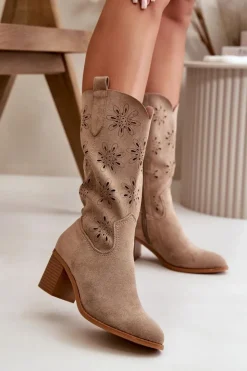 Damskie Boto Damskie Ażurowe Kozaki Do Połowy Łydki Z Eko Zamszu Beżowe Nevilos