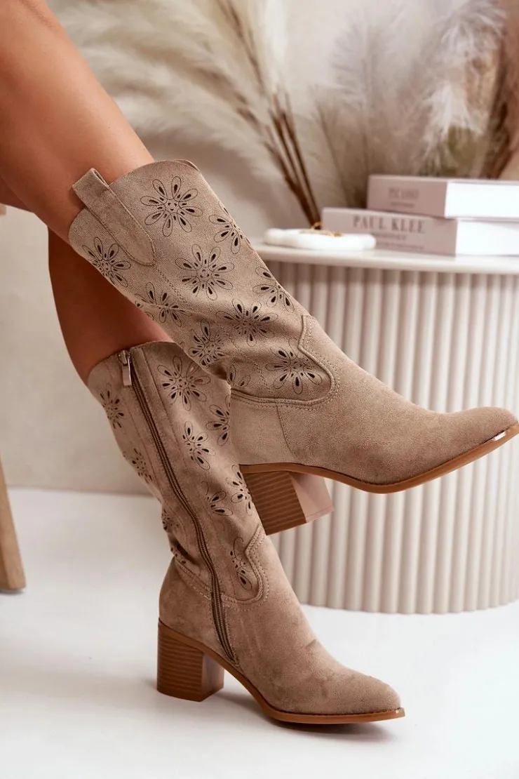 Damskie Boto Damskie Ażurowe Kozaki Do Połowy Łydki Z Eko Zamszu Beżowe Nevilos