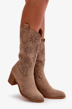 Damskie Boto Damskie Ażurowe Kozaki Do Połowy Łydki Z Eko Zamszu Beżowe Nevilos