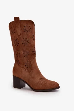 Online Boto Damskie Ażurowe Kozaki Do Połowy Łydki Z Eko Zamszu Brązowe Nevilos