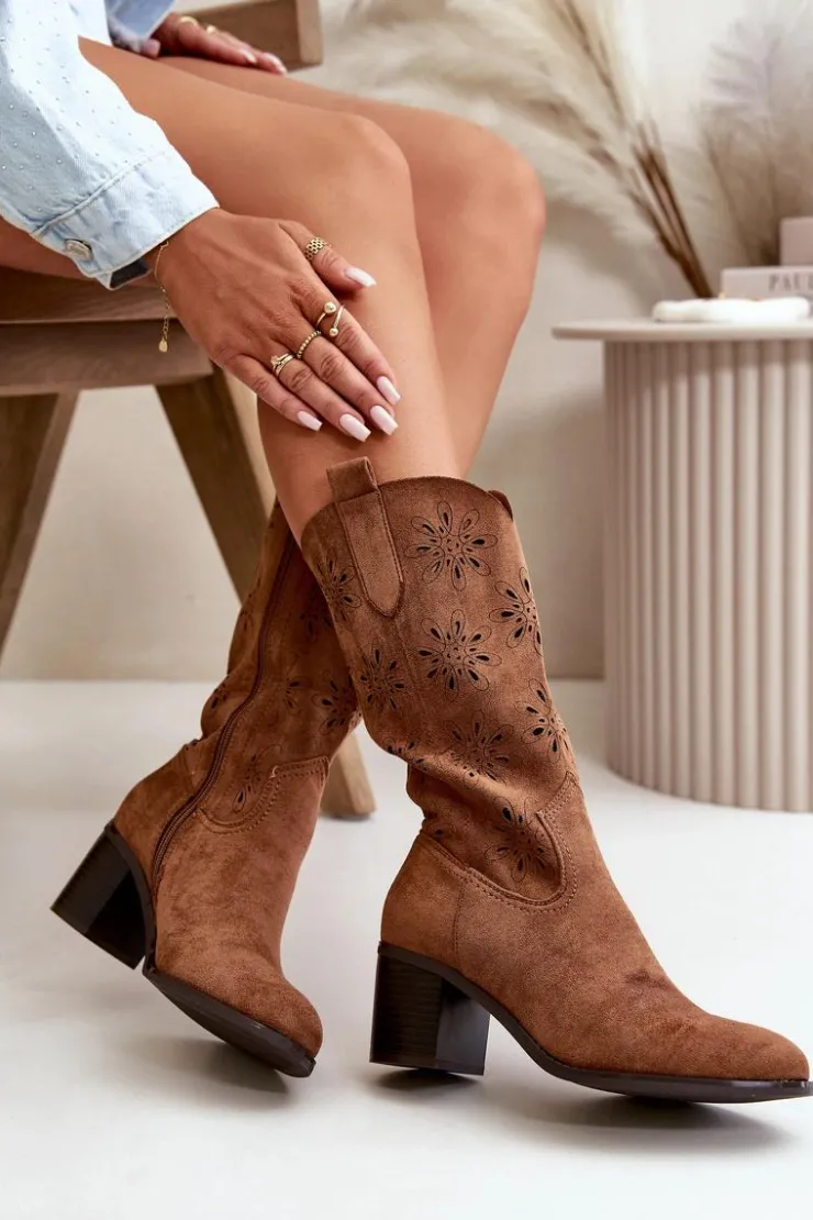 Online Boto Damskie Ażurowe Kozaki Do Połowy Łydki Z Eko Zamszu Brązowe Nevilos