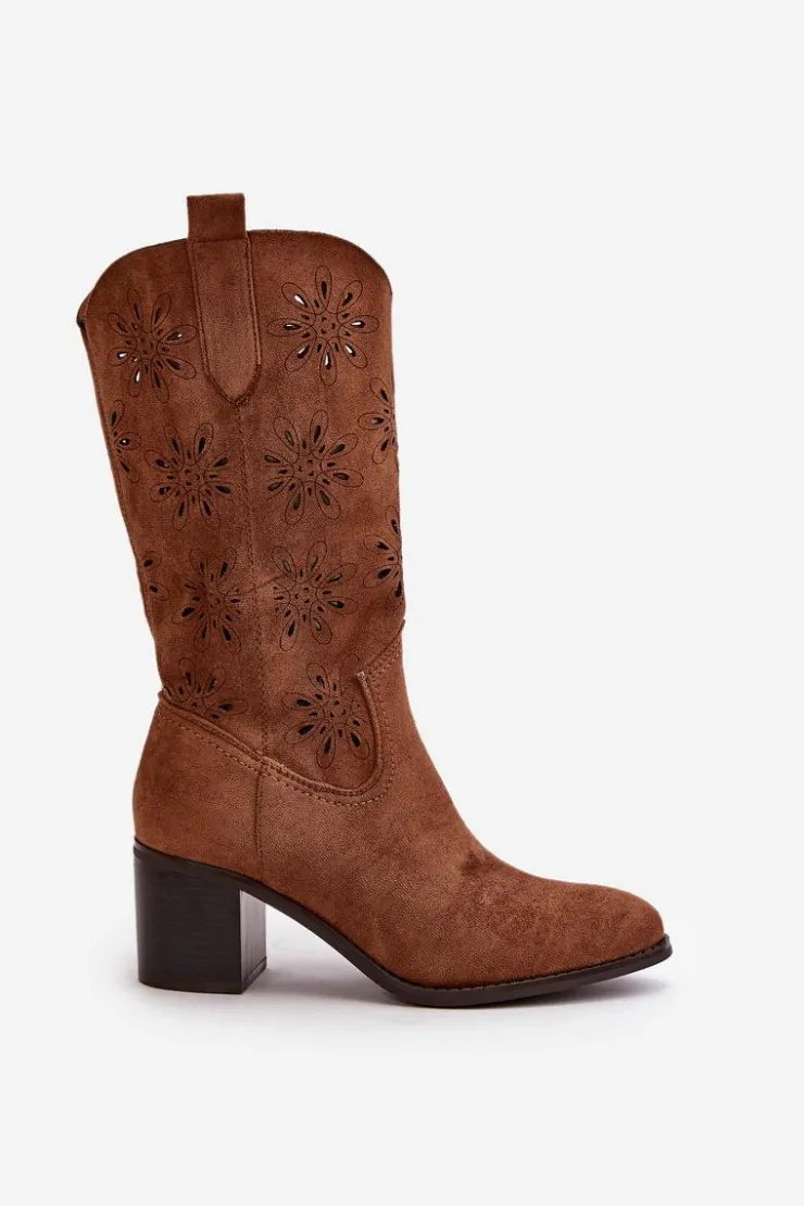 Online Boto Damskie Ażurowe Kozaki Do Połowy Łydki Z Eko Zamszu Brązowe Nevilos