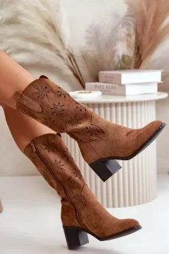 Online Boto Damskie Ażurowe Kozaki Do Połowy Łydki Z Eko Zamszu Brązowe Nevilos