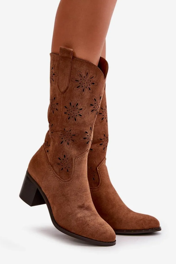 Online Boto Damskie Ażurowe Kozaki Do Połowy Łydki Z Eko Zamszu Brązowe Nevilos