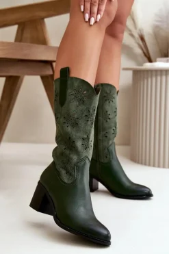 Boto Kozaki Ażurowe|Kozaki Na Obcasie*Damskie Ażurowe Kozaki Do Połowy Łydki Z Eko Zamszu Zielone Nevilos