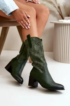 Boto Kozaki Ażurowe|Kozaki Na Obcasie*Damskie Ażurowe Kozaki Do Połowy Łydki Z Eko Zamszu Zielone Nevilos