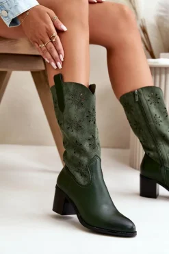 Boto Kozaki Ażurowe|Kozaki Na Obcasie*Damskie Ażurowe Kozaki Do Połowy Łydki Z Eko Zamszu Zielone Nevilos