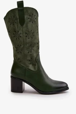 Boto Kozaki Ażurowe|Kozaki Na Obcasie*Damskie Ażurowe Kozaki Do Połowy Łydki Z Eko Zamszu Zielone Nevilos