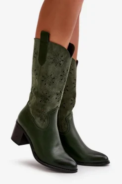 Boto Kozaki Ażurowe|Kozaki Na Obcasie*Damskie Ażurowe Kozaki Do Połowy Łydki Z Eko Zamszu Zielone Nevilos
