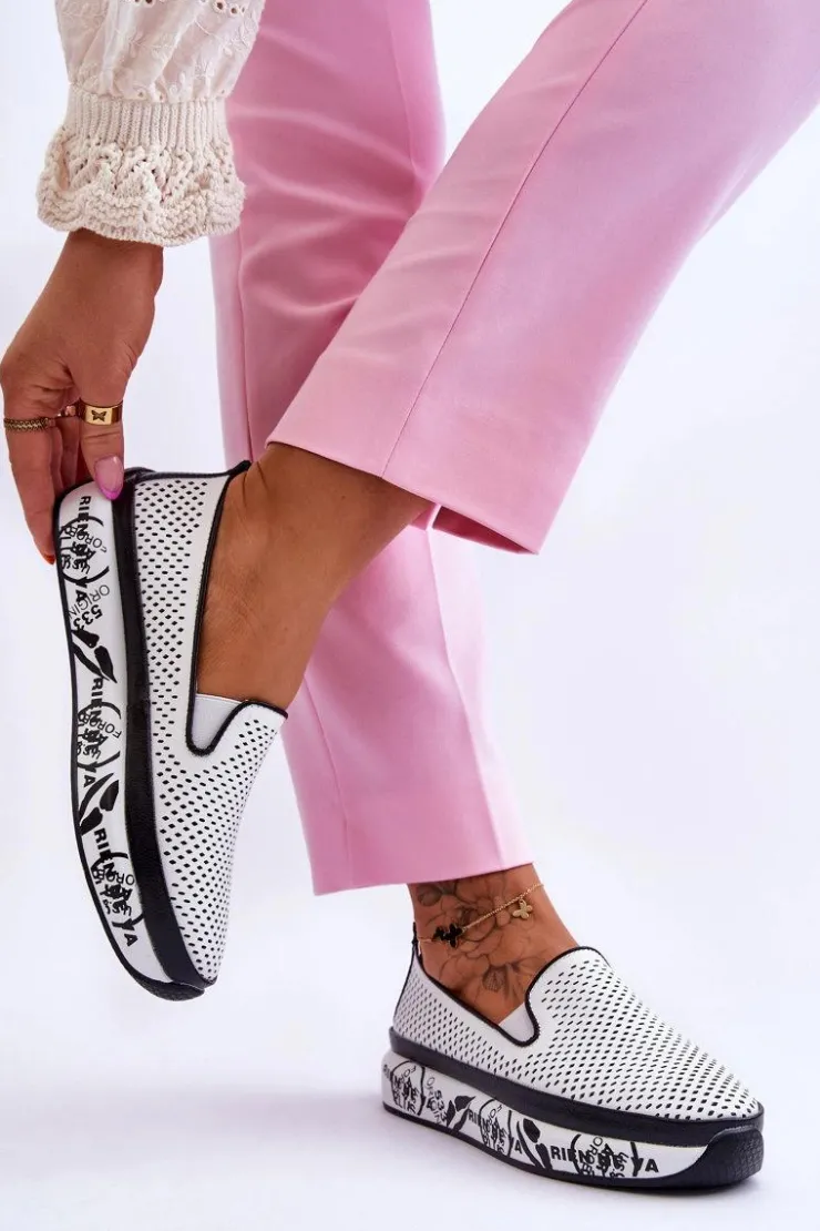 Damskie buty S.Barski Trampki Damskie Slip-On|Trampki Damskie Niskie*Damskie Ażurowe Skórzane Tenisówki Slip-On Białe Sorito