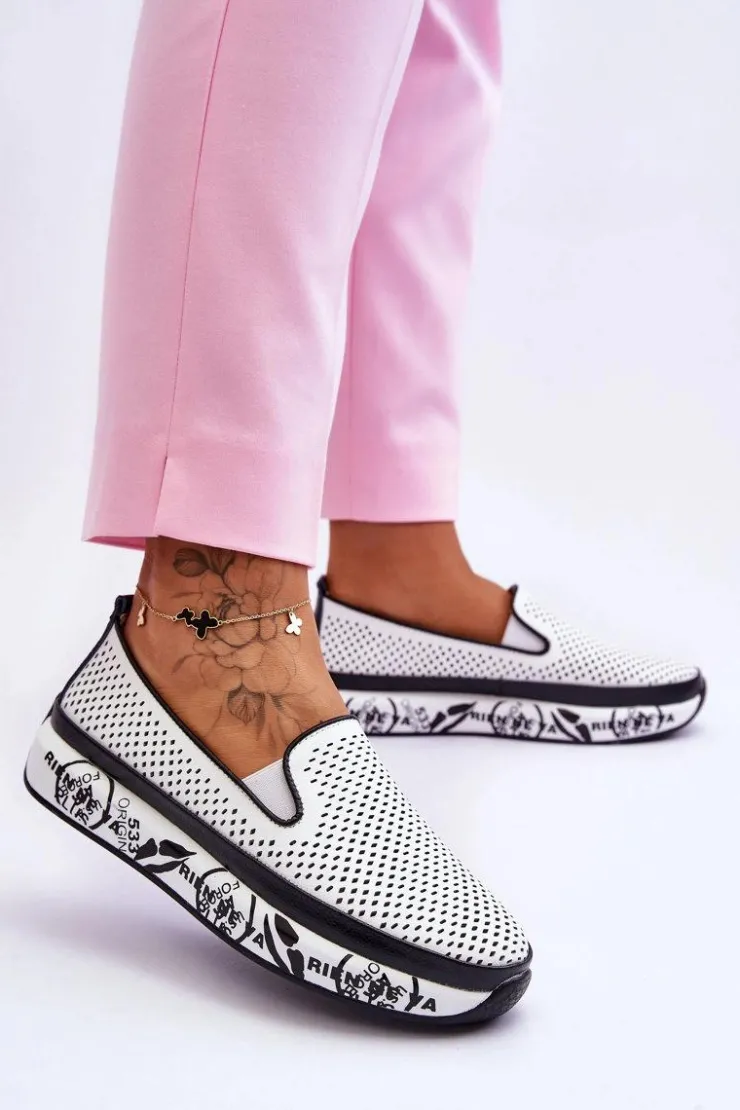 Damskie buty S.Barski Trampki Damskie Slip-On|Trampki Damskie Niskie*Damskie Ażurowe Skórzane Tenisówki Slip-On Białe Sorito