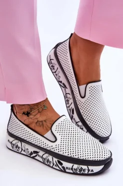 Damskie buty S.Barski Trampki Damskie Slip-On|Trampki Damskie Niskie*Damskie Ażurowe Skórzane Tenisówki Slip-On Białe Sorito