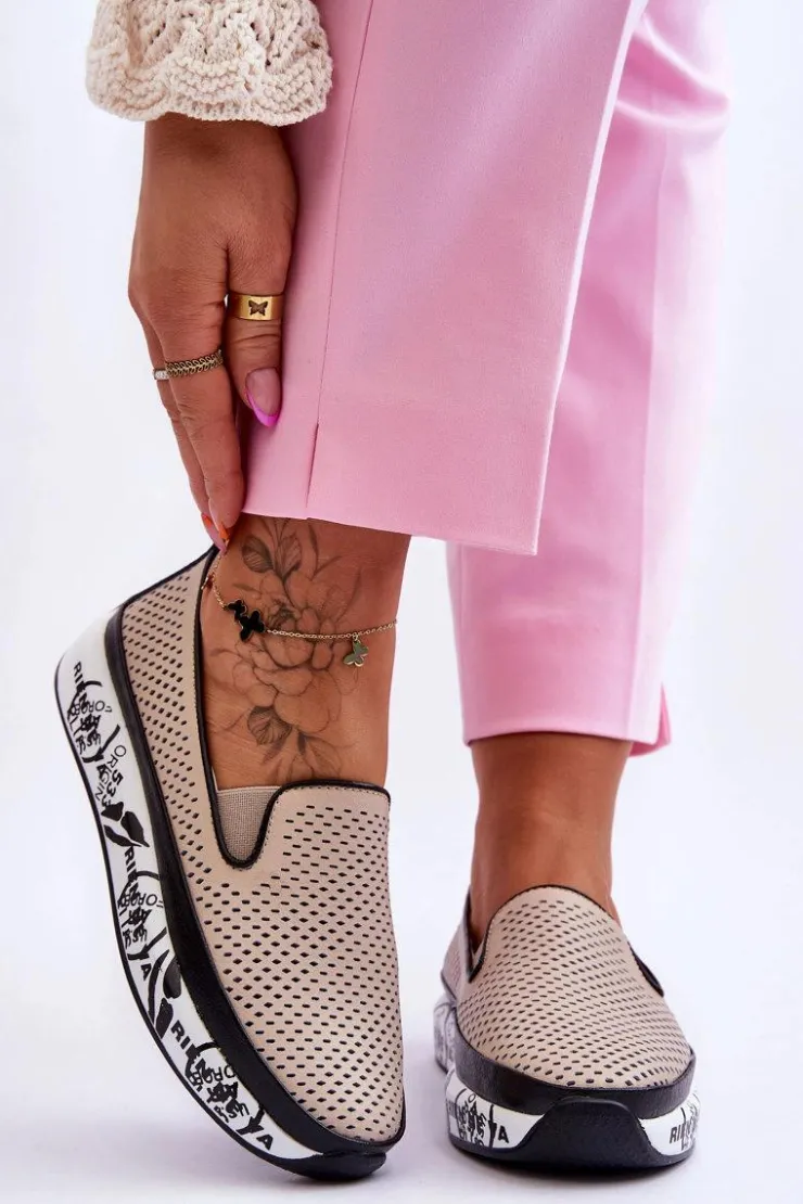 New Damskie buty S.Barski Damskie Ażurowe Skórzane Tenisówki Slip-On Beżowe Sorito