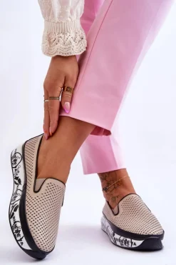 New Damskie buty S.Barski Damskie Ażurowe Skórzane Tenisówki Slip-On Beżowe Sorito