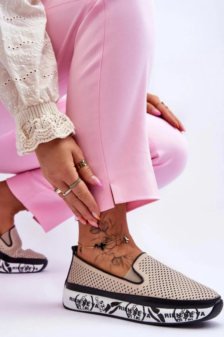 New Damskie buty S.Barski Damskie Ażurowe Skórzane Tenisówki Slip-On Beżowe Sorito