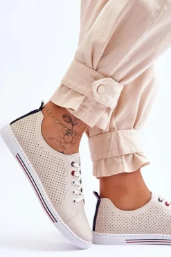 Damskie Damskie buty S.Barski Damskie Ażurowe Skórzane Trampki Beżowe S.Barski LR952