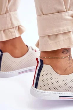 Damskie Damskie buty S.Barski Damskie Ażurowe Skórzane Trampki Beżowe S.Barski LR952