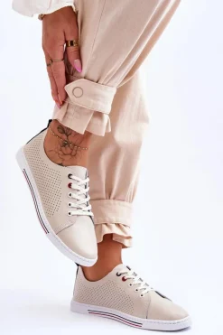 Damskie Damskie buty S.Barski Damskie Ażurowe Skórzane Trampki Beżowe S.Barski LR952