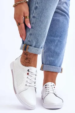 Outlet Damskie buty S.Barski Damskie Ażurowe Skórzane Trampki Białe S.Barski LR952