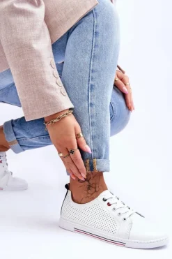 Outlet Damskie buty S.Barski Damskie Ażurowe Skórzane Trampki Białe S.Barski LR952