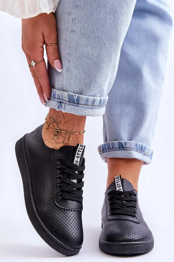 Sale Boto Damskie Ażurowe Sznurowane Trampki Czarne Carinel