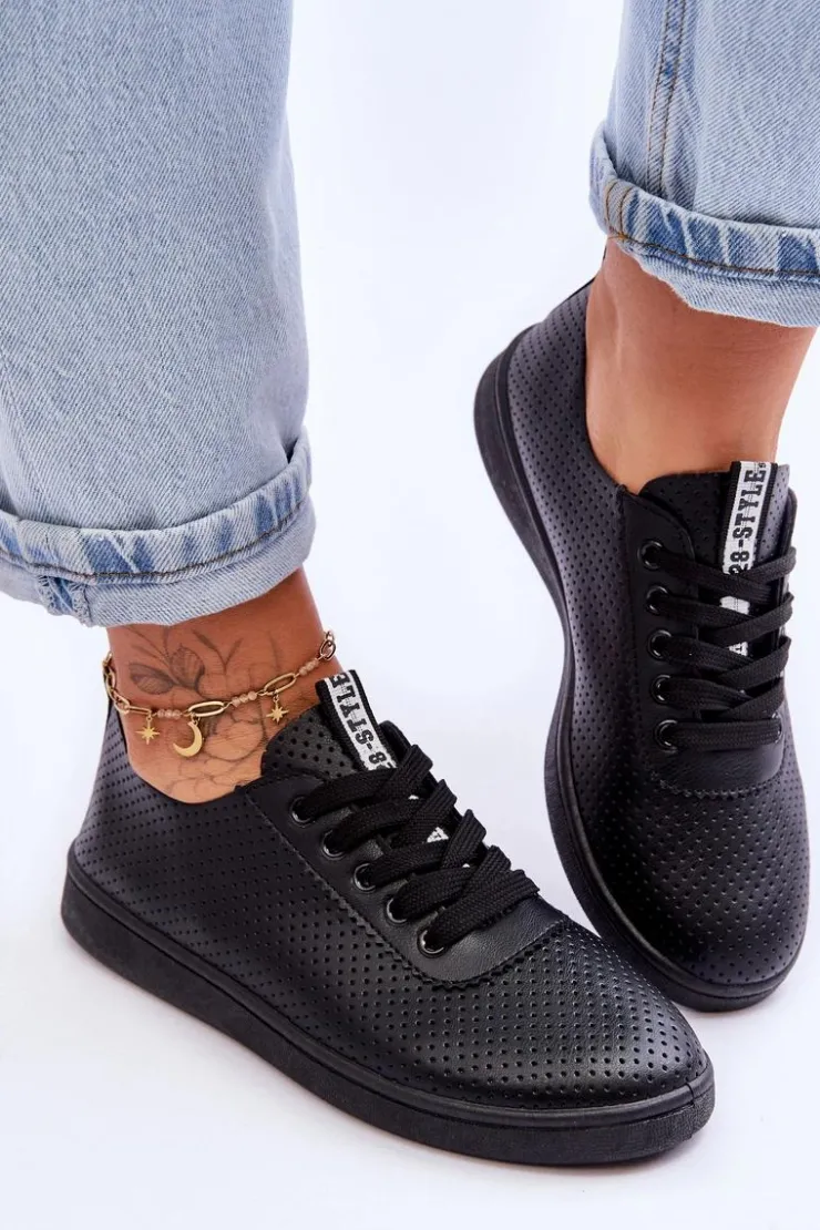 Sale Boto Damskie Ażurowe Sznurowane Trampki Czarne Carinel