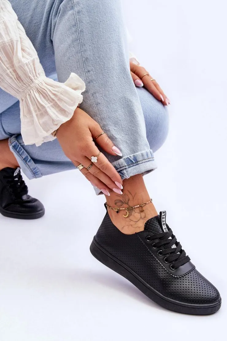 Sale Boto Damskie Ażurowe Sznurowane Trampki Czarne Carinel