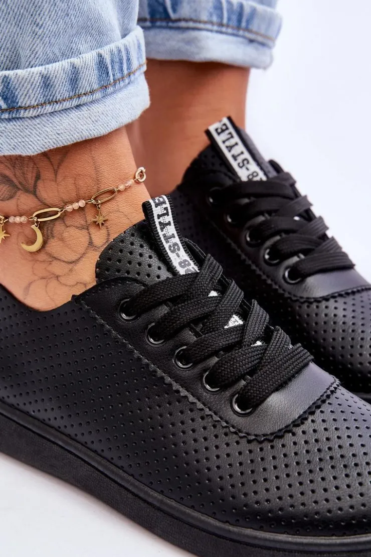 Sale Boto Damskie Ażurowe Sznurowane Trampki Czarne Carinel