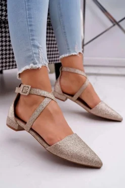 Boto Baleriny Klasyczne*Damskie Balerinki Brokatowe w Szpic Złote Vontare