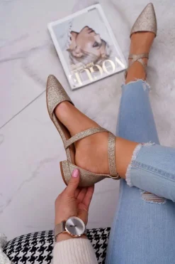 Boto Baleriny Klasyczne*Damskie Balerinki Brokatowe w Szpic Złote Vontare