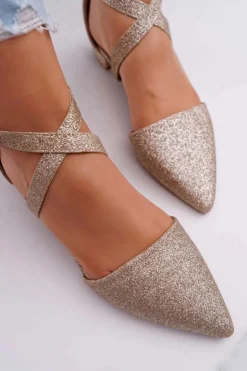 Boto Baleriny Klasyczne*Damskie Balerinki Brokatowe w Szpic Złote Vontare