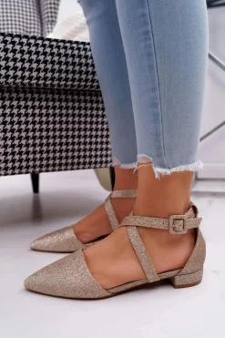 Boto Baleriny Klasyczne*Damskie Balerinki Brokatowe w Szpic Złote Vontare