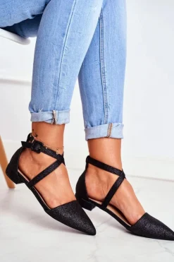 Damskie Boto Damskie Balerinki Brokatowe w Szpic Czarne Vontare