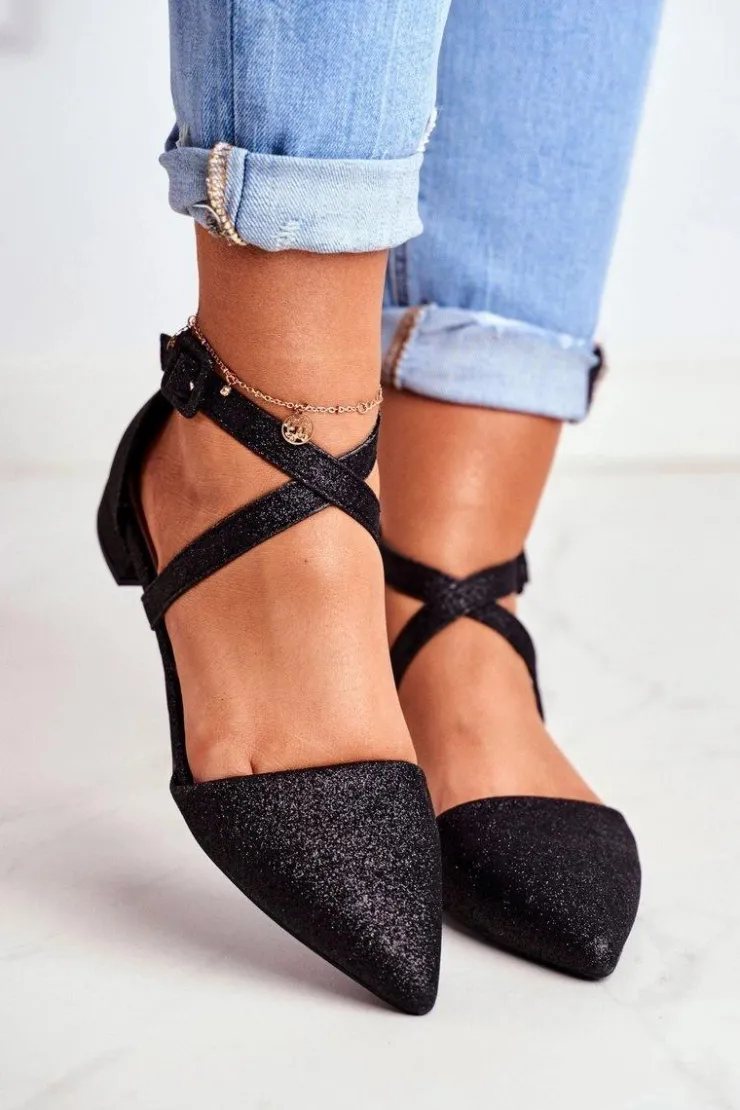 Damskie Boto Damskie Balerinki Brokatowe w Szpic Czarne Vontare