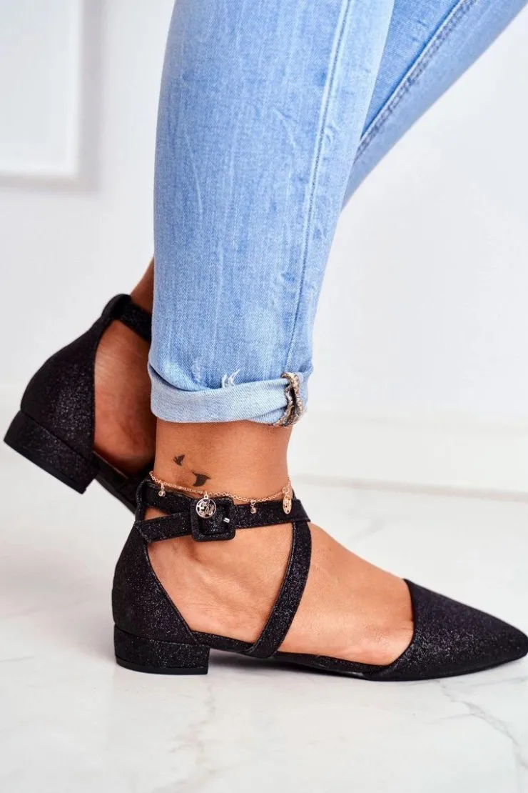 Damskie Boto Damskie Balerinki Brokatowe w Szpic Czarne Vontare