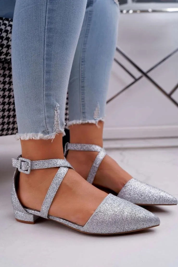 Online Boto Damskie Balerinki Brokatowe w Szpic Srebrne Vontare