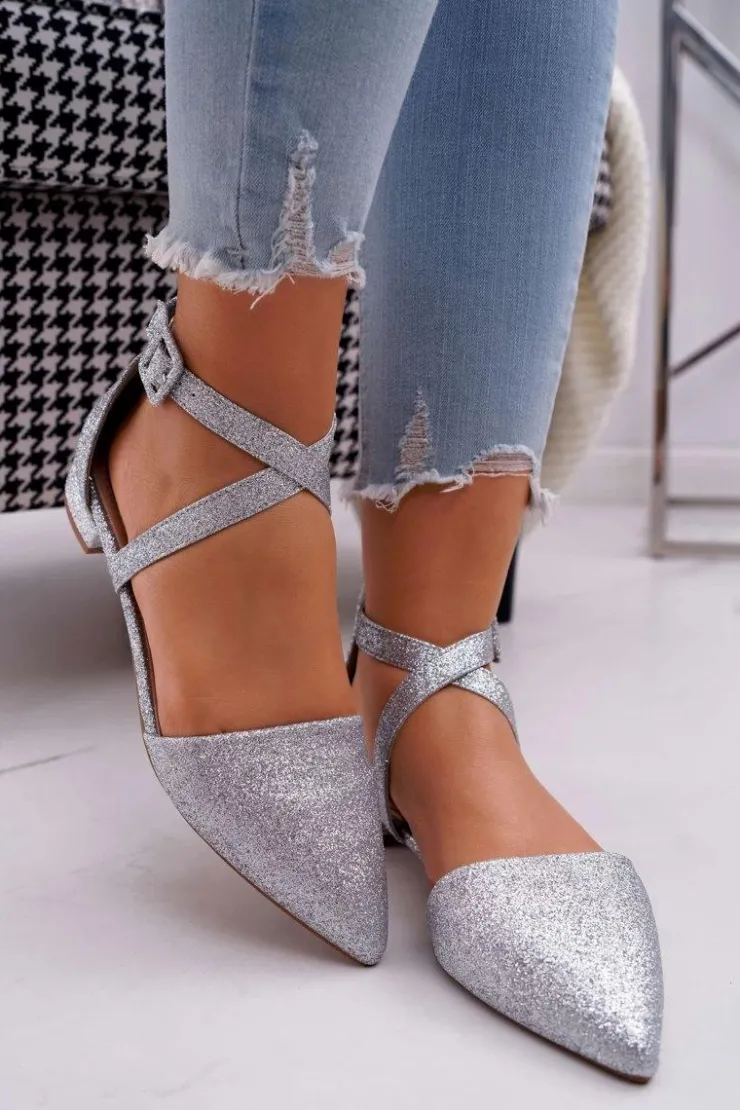 Online Boto Damskie Balerinki Brokatowe w Szpic Srebrne Vontare