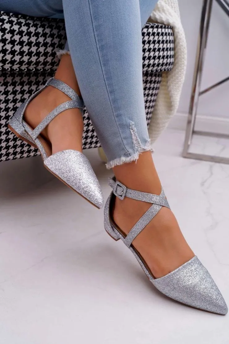 Online Boto Damskie Balerinki Brokatowe w Szpic Srebrne Vontare