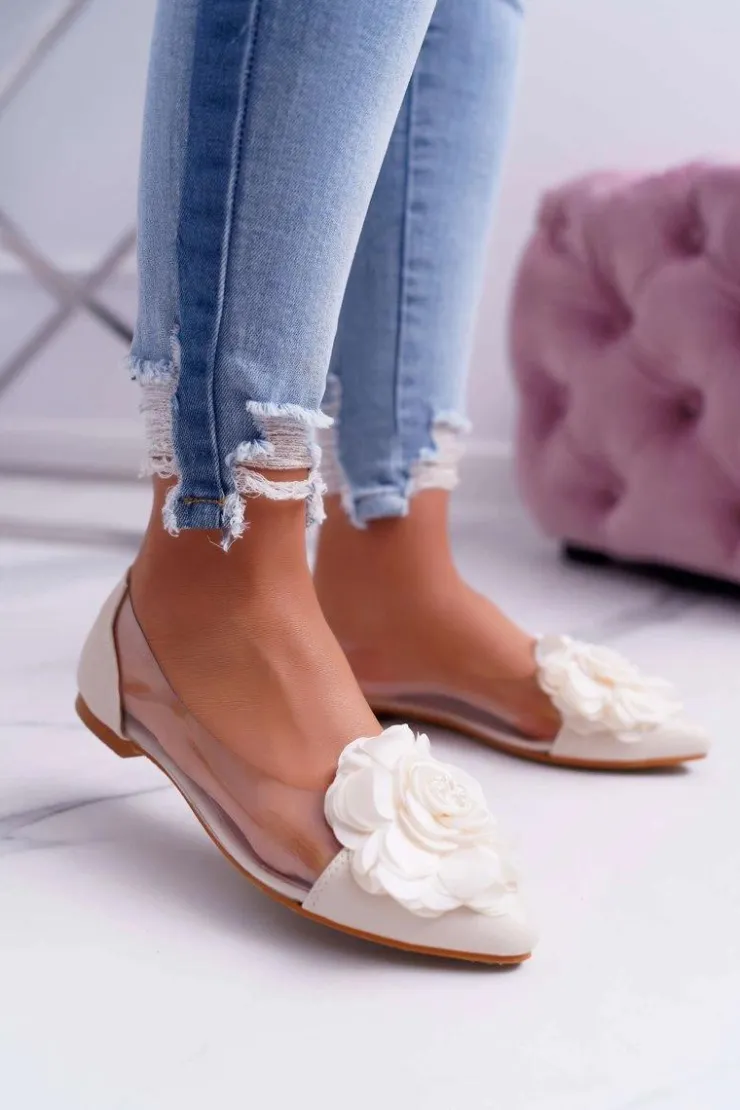Boto Baleriny Klasyczne*Damskie Balerinki Lu Boo Beżowe Z Kwiatem Transparentne Dairin