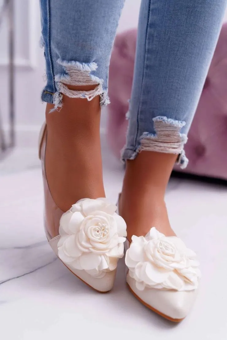 Boto Baleriny Klasyczne*Damskie Balerinki Lu Boo Beżowe Z Kwiatem Transparentne Dairin