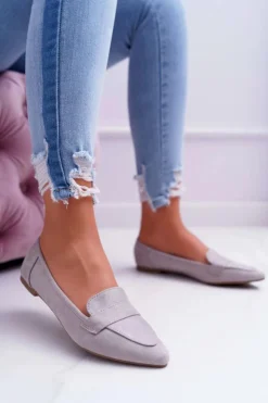 Damskie Boto Damskie Balerinki Zamszowe Lordsy Szare Gretar