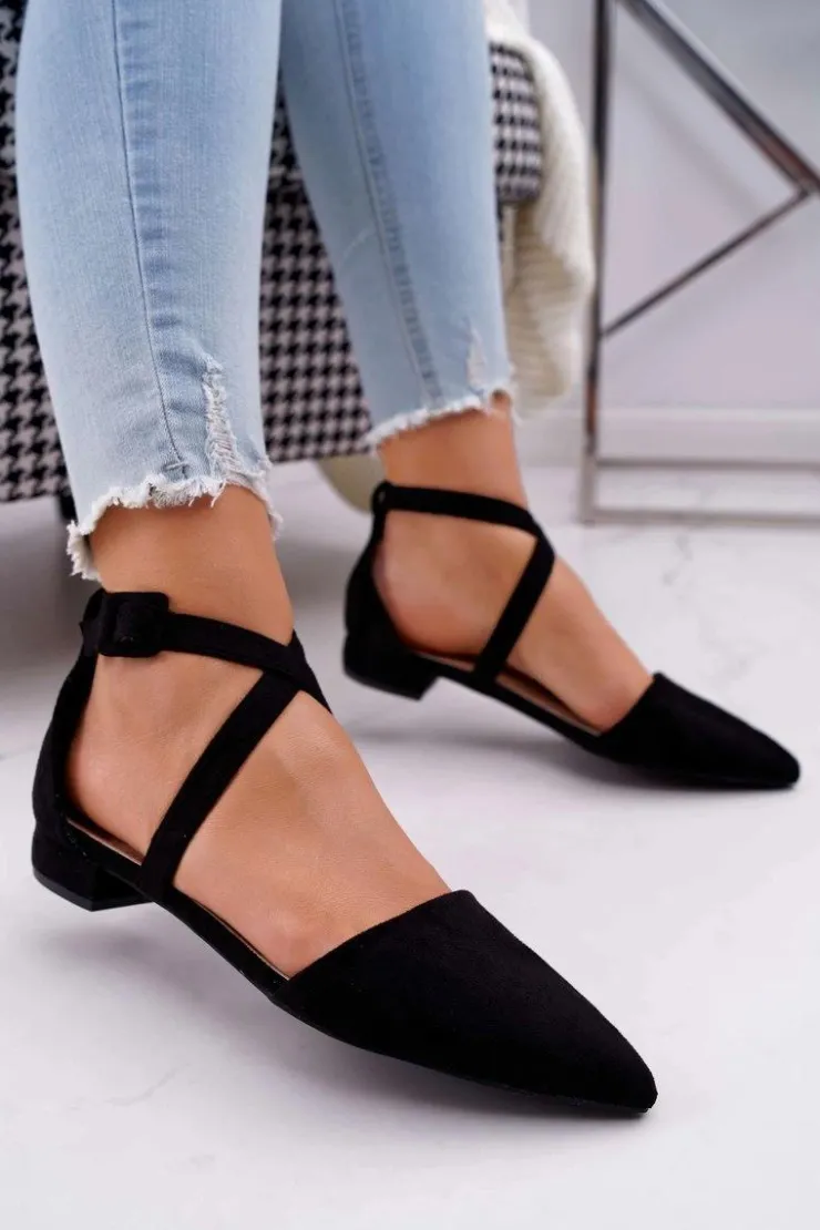 Damskie Boto Damskie Balerinki Zamszowe w Szpic Czarne Vontare